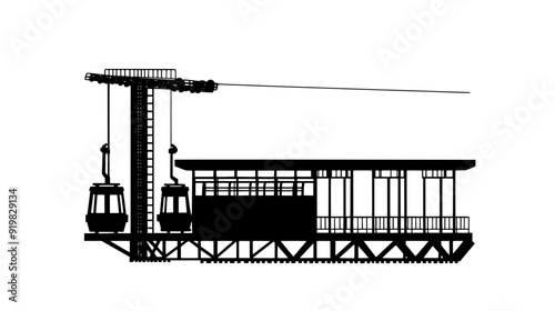 Station for cable cars with a platform, steel cables, loading area, and control mechanisms for operation, vector illustration art