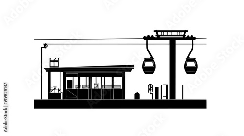 Station for cable cars featuring platform, cable system, pulley mechanisms, and control structure beside it, vector illustration art