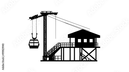 Station for cable cars with a platform, steel cables, loading area, and control mechanisms for operation, vector illustration art