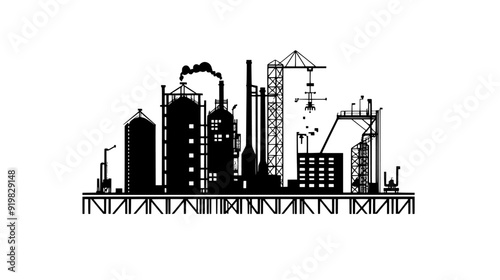 Structure with heavy machinery, flanked by silos and network of pipelines, vector illustration art