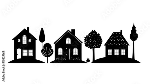 Stone buildings with simple, functional designs forming a cohesive rural settlement pattern, vector illustration art