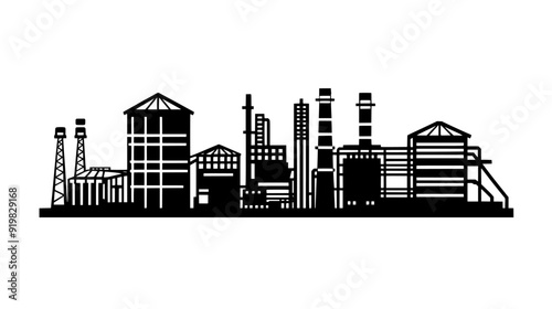 Structure with heavy machinery, flanked by silos and network of pipelines, vector illustration art