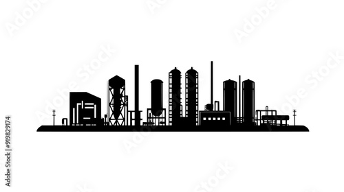 Structure with heavy machinery, flanked by silos and network of pipelines, vector illustration art