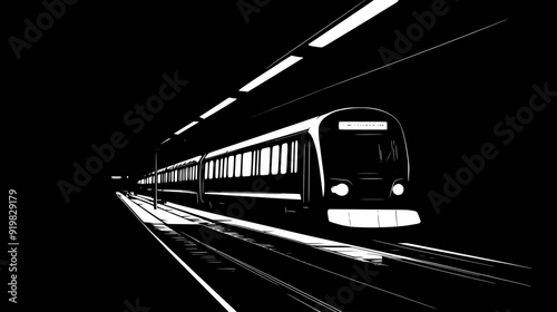 Subway train arriving at a dimly lit underground platform, vector illustration art