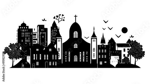 Synagogue with distinctive architecture, set in a cityscape with a mix of old and new buildings, vector illustration art