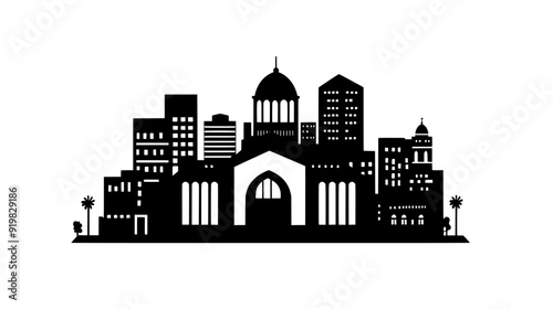 Synagogue with distinctive architecture, set in a cityscape with a mix of old and new buildings, vector illustration art