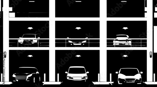 Various parked automobiles inside a multi-tiered parking facility, with lighting and safety barriers, vector illustration art