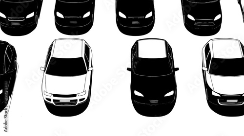 Various rental cars parked in an organized manner at a car rental center, with visible lot divisions, vector illustration art