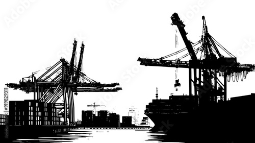 Vessels anchored at the dock, with organized stacks of containers and operational cranes nearby, vector illustration art