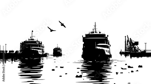 View from the terminal showing ferries approaching the docks, vector illustration art
