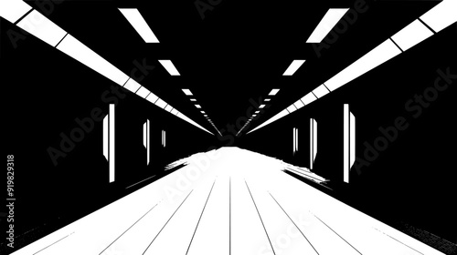 View down the length of an empty train platform with overhead lighting, vector illustration art