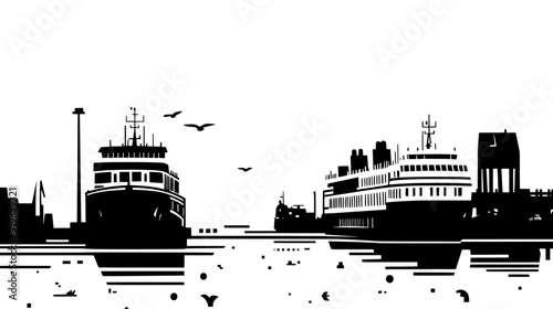 View from the terminal showing ferries approaching the docks, vector illustration art