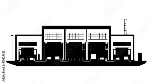 Warehouse complex with multiple large entry doors, loading ramps, and expansive storage areas, vector illustration art