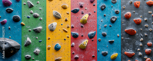 Colorful indoor climbing wall with various handholds and footholds in a gym setting, perfect for sports and fitness activities. photo