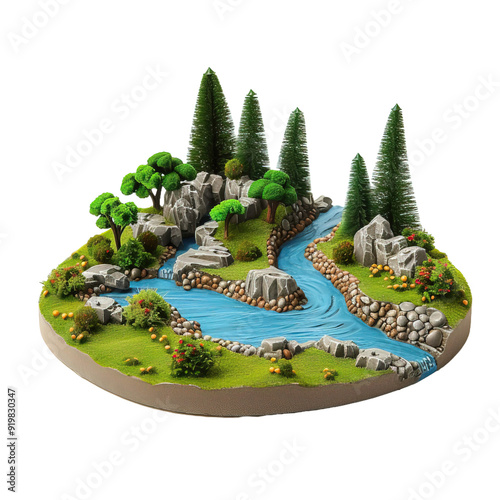 A miniature golf course with a scenic river isolated on white or transparent background photo