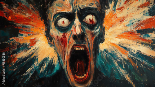 Explosive Expression of Terror, Abstract Horror Painting with Screaming Figure and Intense Colors of halloween