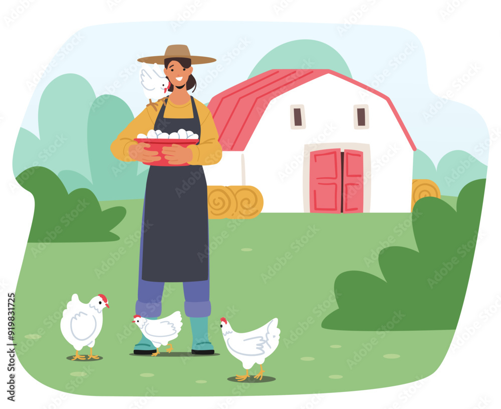 Fototapeta premium Smiling Woman Collects Fresh Eggs In A Basket On A Sunny Farm Day, Symbolizing Self-sufficiency And Organic Farming