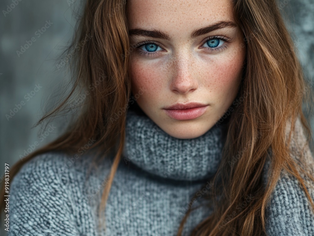 Naklejka premium Young Woman Wearing Turtle Neck Sweater
