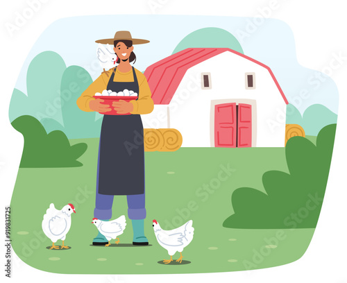 Smiling Woman Collects Fresh Eggs In A Basket On A Sunny Farm Day, Symbolizing Self-sufficiency And Organic Farming
