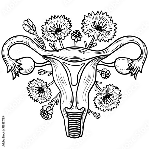 Illustration of drawing of uterus with cornflowers, in line art style, line, vector