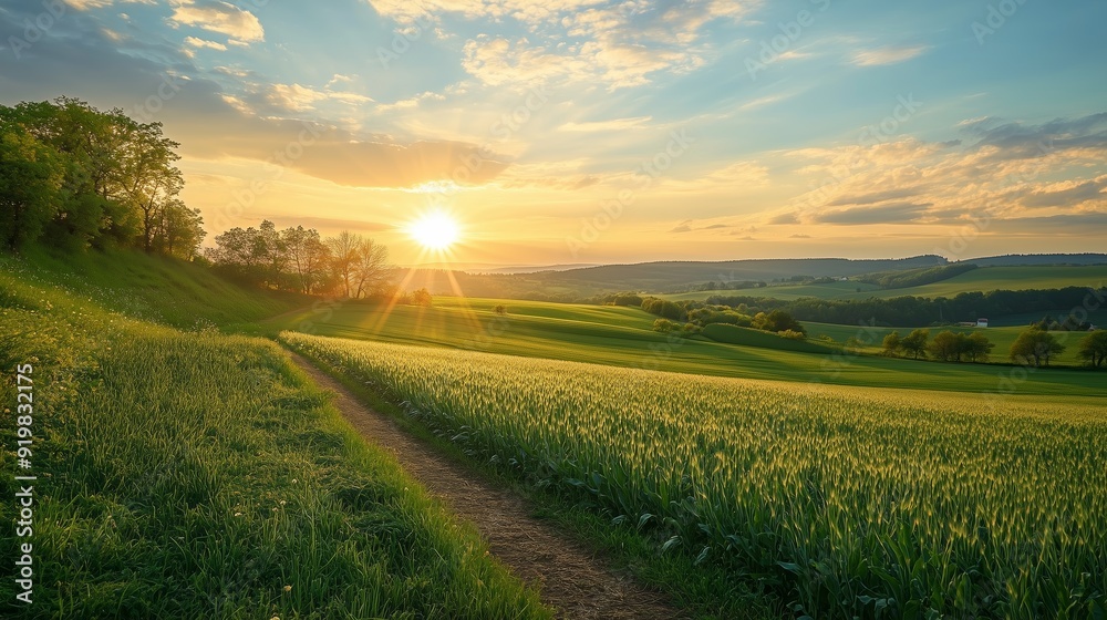A peaceful sunset over rolling green hills in the countryside during early springtime A peaceful sunset over rolling green hills in the countryside during early springtime