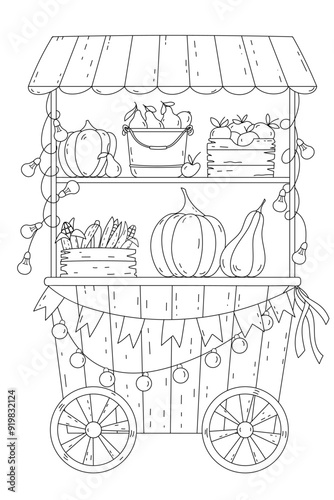 Coloring Page For Adults And Children Features Cart For Selling Autumn Vegetables - Pumpkin, Corn, Pears And Apples