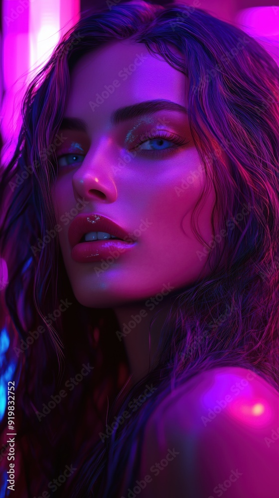 Portrait of a beautiful woman with long hair, illuminated with colorful neon lighting Portrait of a beautiful woman with long hair, illuminated with colorful neon lighting