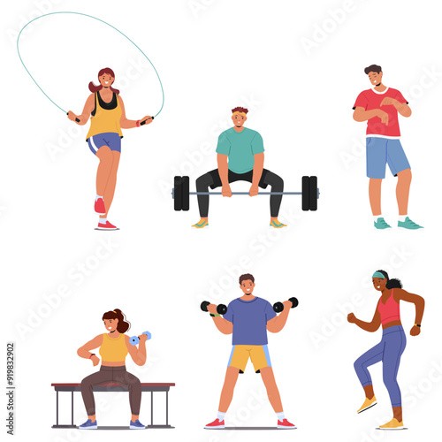 Vector Set Of Character Performing Fitness Activities Including Skipping Rope, Weightlifting, And Jogging, Illustration