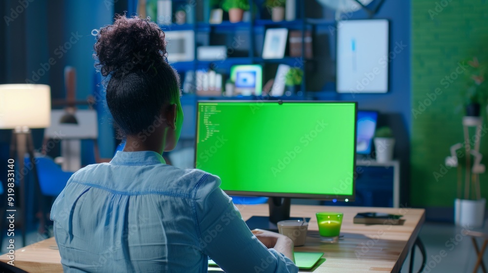 Woman working on computer with green screen in modern office. Young professional focused on her work. A calm and productive workplace. Modern style workspace for freelancers and remote work. AI. Woman working on computer with green screen in modern office. Young professional focused on her work. A calm and productive workplace. Modern style workspace for freelancers and remote work. AI.