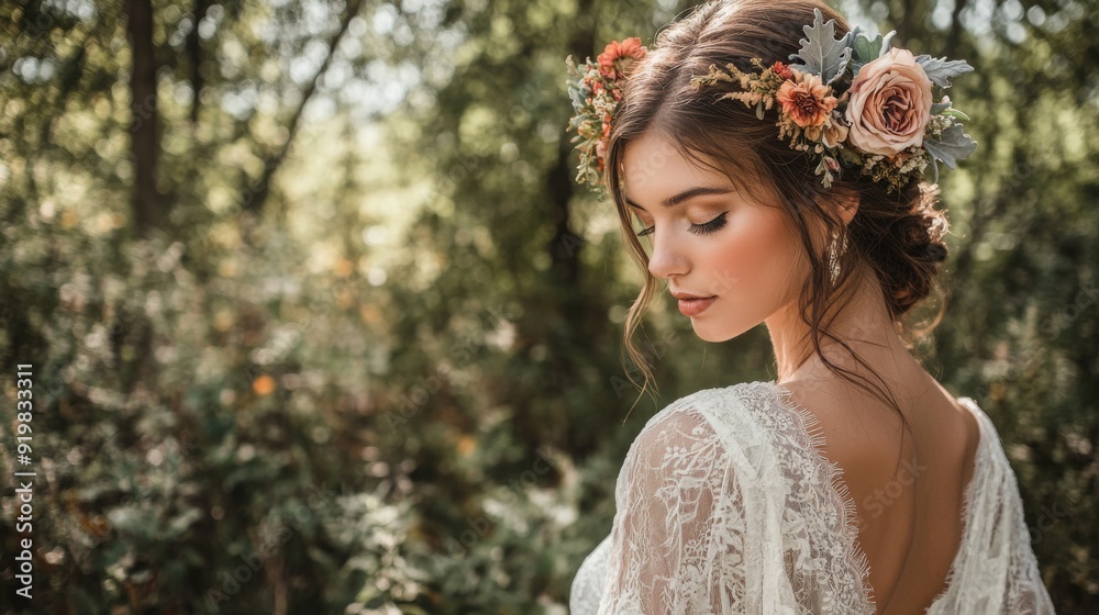 A bride stands gracefully in a lace dress adorned with flowers in her hair, surrounded by vibrant greenery as the soft light of golden hour enhances her beauty. A bride stands gracefully in a lace dress adorned with flowers in her hair, surrounded by vibrant greenery as the soft light of golden hour enhances her beauty.