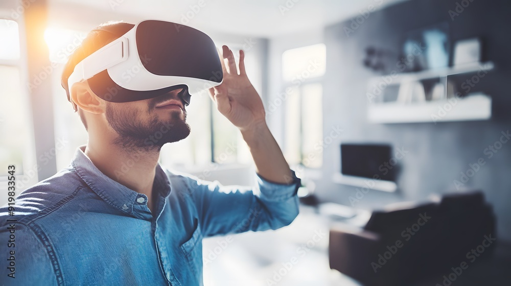 Young man using a VR headset in a modern, well-lit living room, experiencing virtual reality. Young man using a VR headset in a modern, well-lit living room, experiencing virtual reality.