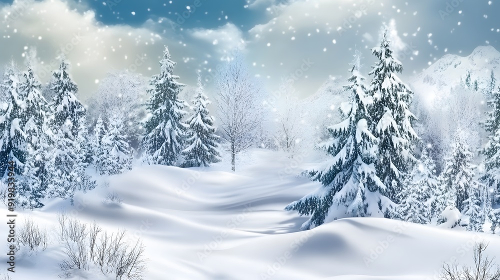 Winter wonderland with snow-covered trees and a serene landscape under falling snowflakes.