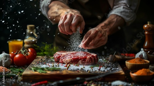 Chef seasoning a raw steak with salt in a rustic kitchen setting. Hands sprinkling salt over meat. Dark and moody food photography. Culinary preparation and cooking spices. Steak preparation. AI