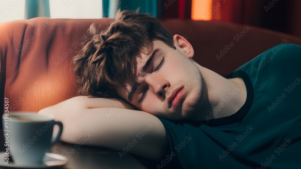 Obraz premium Young man with tousled hair sleeping on a couch beside a cup of coffee.