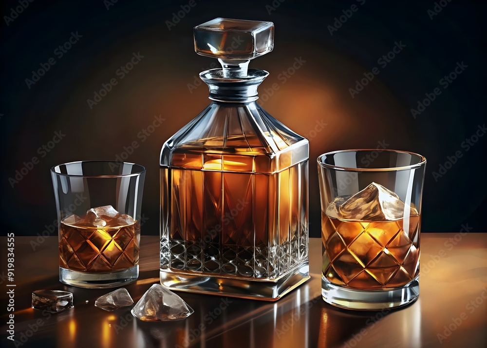 Elegant Whiskey Glasses Stylish Decanter Rich Amber Liquid Ice Cubes Elegant Whiskey Glasses Stylish Decanter Rich Amber Liquid Ice Cubes