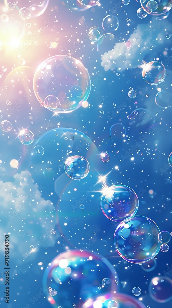 Blue sky background with bubbles and light rays creating an enchanting underwater scene Blue sky background with bubbles and light rays creating an enchanting underwater scene