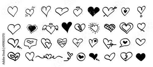 Set of doodle heart shapes on white background. Hand drawn flat vector love, romantic line and solid design symbols. Valentine's Day Icons Collection. 