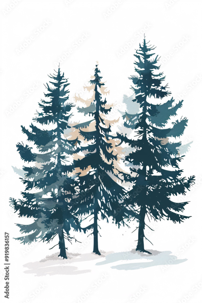 Artistic illustration of fir trees in blue tones, textured layered style against soft muted background, serene natural scene Artistic illustration of fir trees in blue tones, textured layered style against soft muted background, serene natural scene