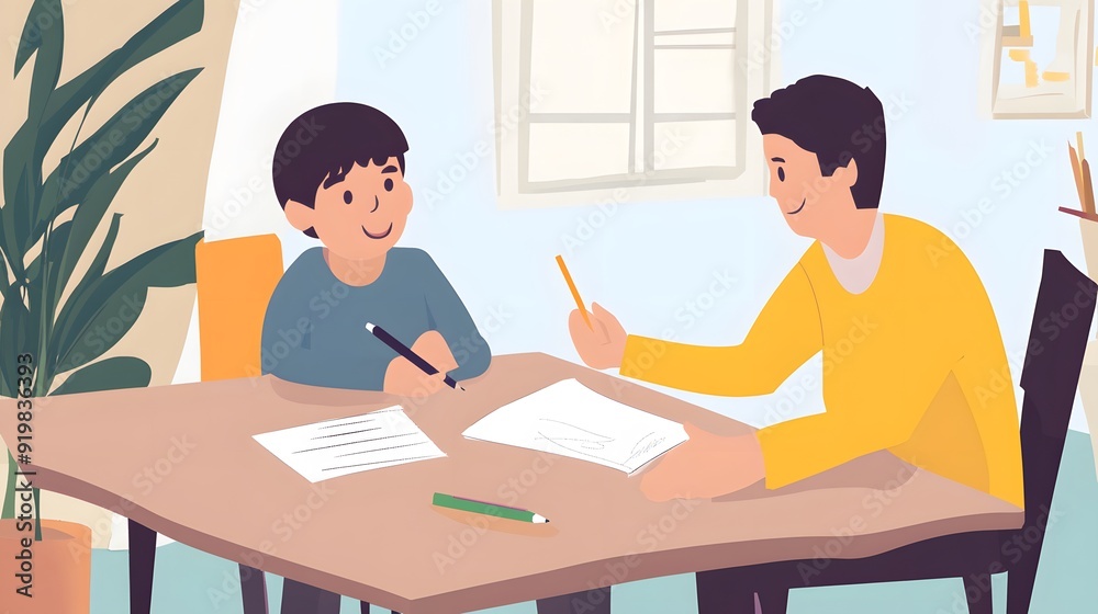 Father helping son with homework at a table in a cozy room. Father helping son with homework at a table in a cozy room.