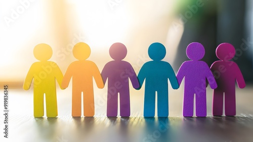 Diverse group of colorful human figures holding hands, symbolizing unity and inclusion.