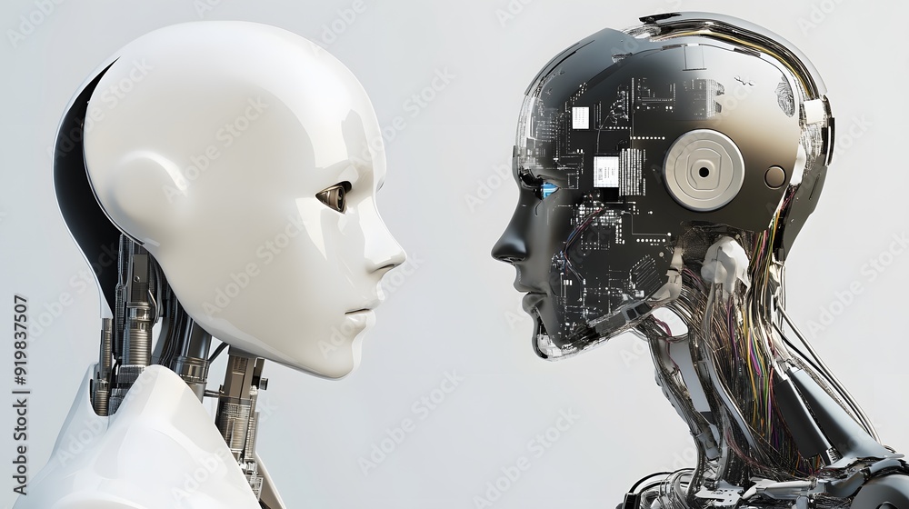Two futuristic robots, one with a sleek white exterior and the other with visible circuitry, face each other in a minimalist setting. Two futuristic robots, one with a sleek white exterior and the other with visible circuitry, face each other in a minimalist setting.