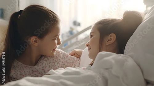 A young girl warmly visits her mother in a hospital, sharing a tender and joyous moment.