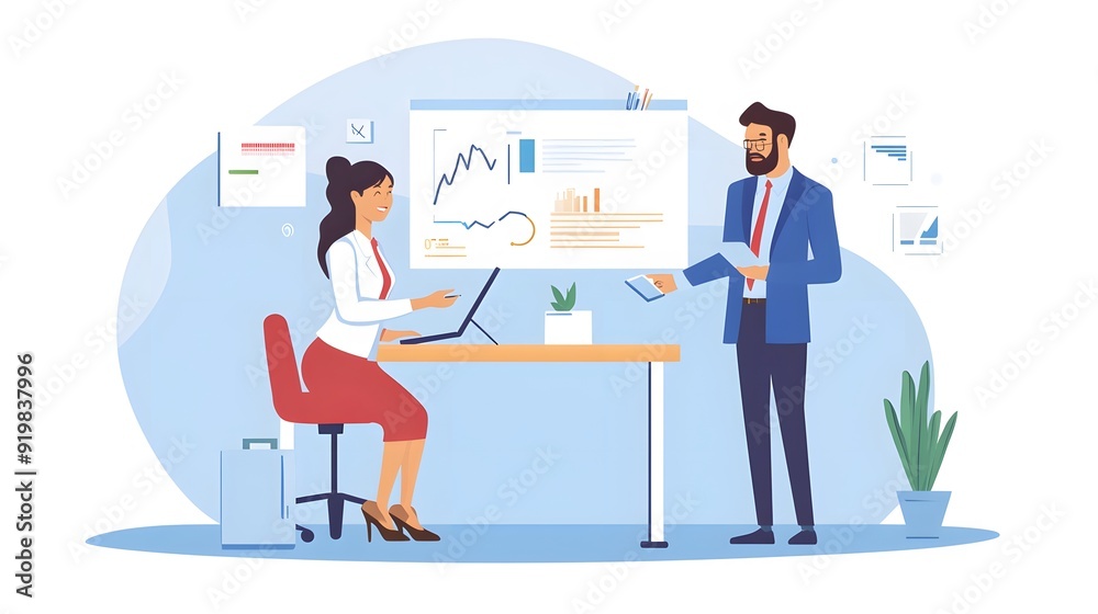 Female professional sitting at a desk with a laptop while a male colleague stands, holding a tablet, discussing a business presentation. Female professional sitting at a desk with a laptop while a male colleague stands, holding a tablet, discussing a business presentation.