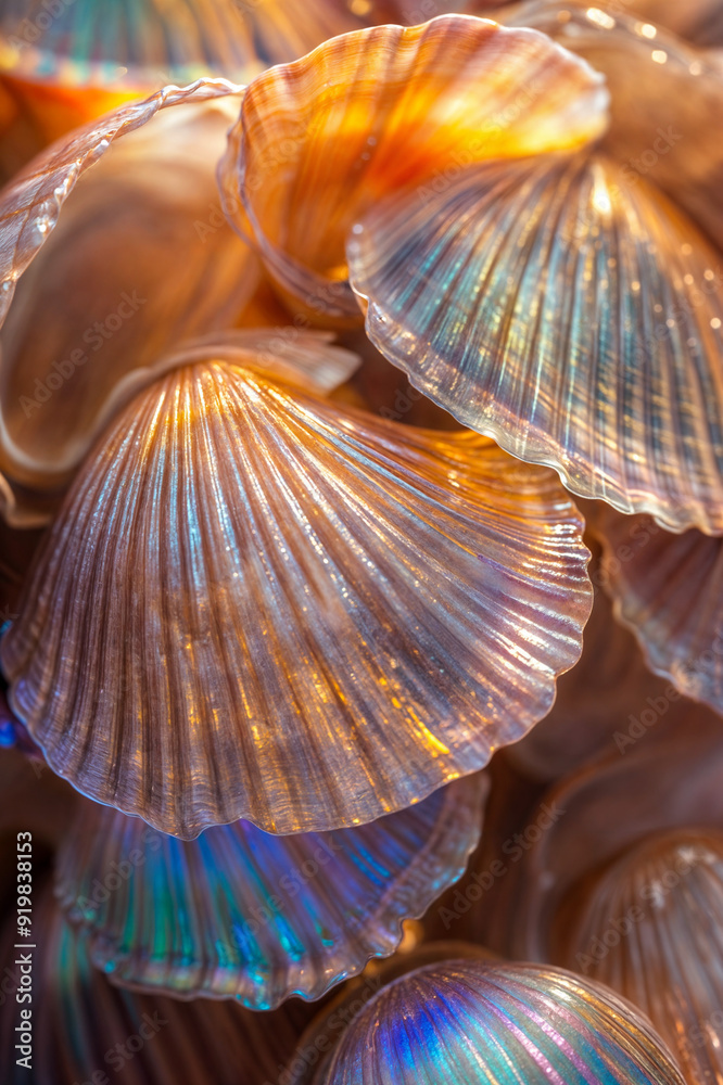 A close up of iridescent seashells, their colors reflecting in the sunlight, creating an enchanting and magical atmosphere. A close up of iridescent seashells, their colors reflecting in the sunlight, creating an enchanting and magical atmosphere.