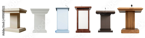 Set of blank podium or speech lectern stand with microphone isolated on background, empty wooden standing table.