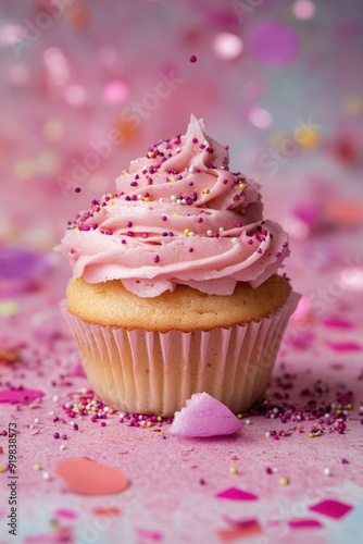 Pink Frosted Cupcake with Sprinkles