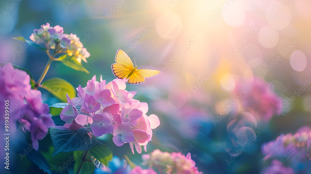 Lovely picture of flowers and a soaring yellow butterfly from a folk tale Lovely picture of flowers and a soaring yellow butterfly from a folk tale
