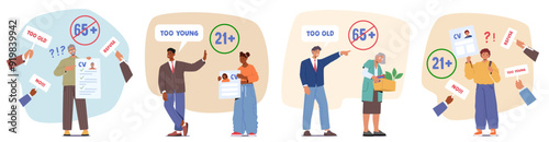 Age Discrimination During The Hiring Process. Image Depicts Job Applicants Being Judged For Being Too Old Or Too Young photo