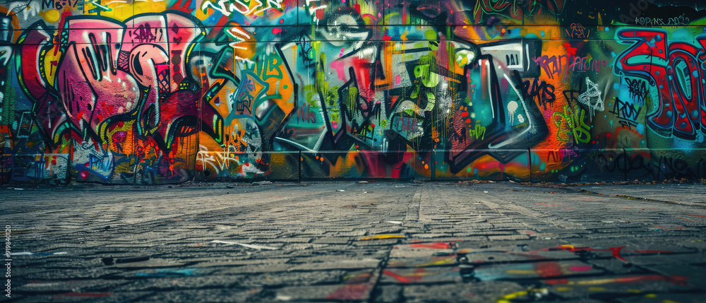 Fototapeta premium Urban street with colorful graffiti on the walls.