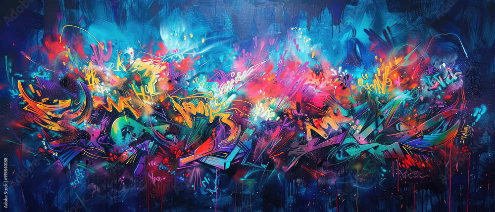 Naklejka premium Colorful abstract graffiti mural with vivid details.